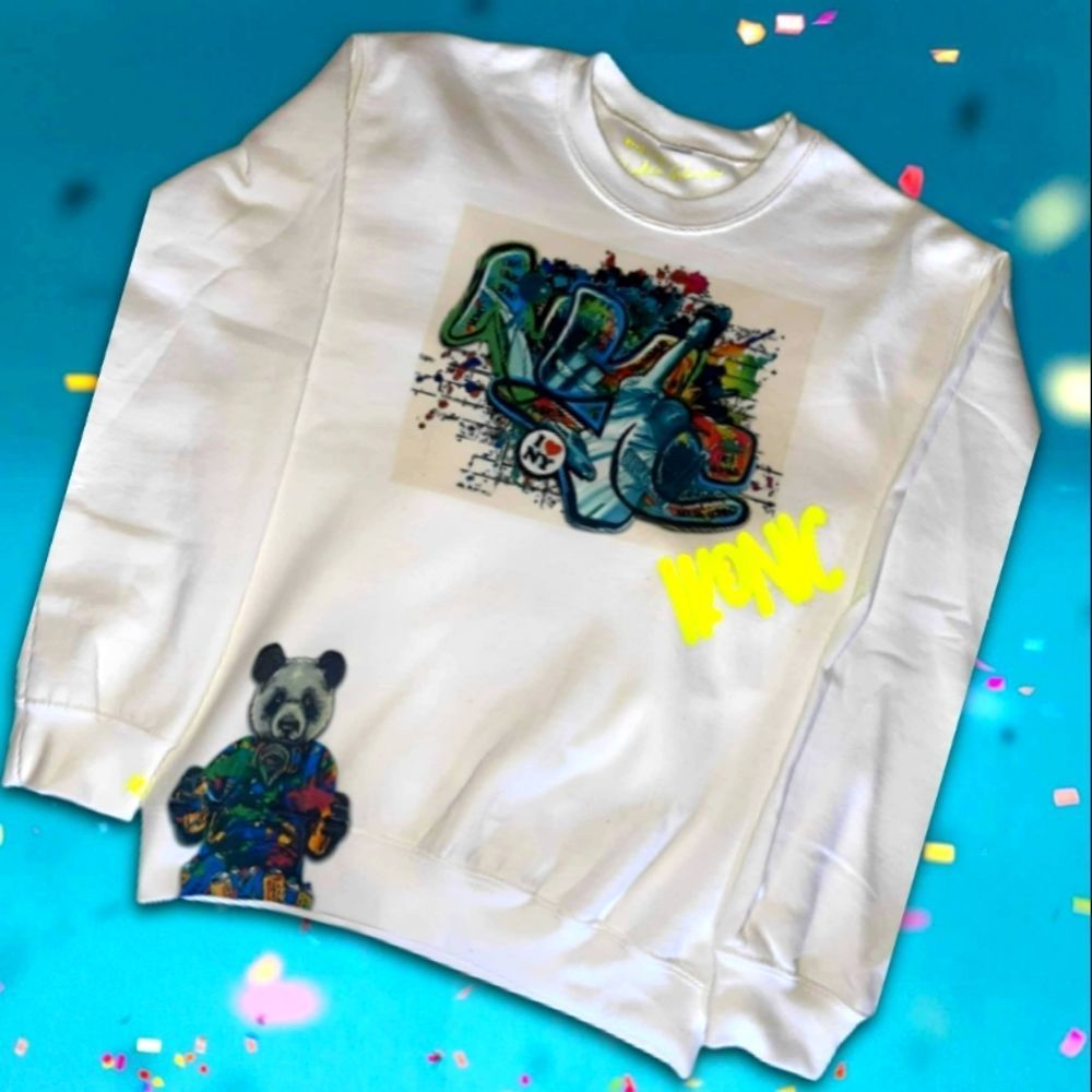 Large White Ikonic Spray Panda NYC Crew Neck Pullover Sweater